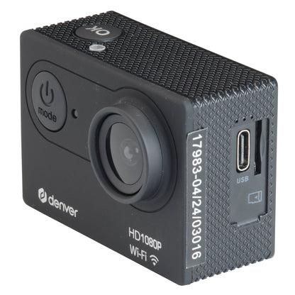 Denver ACW-5054 actionkamera sort, Full HD, wifi, stor linse, mode- og tænd/sluk-knap, USB-port, synligt serienummer.