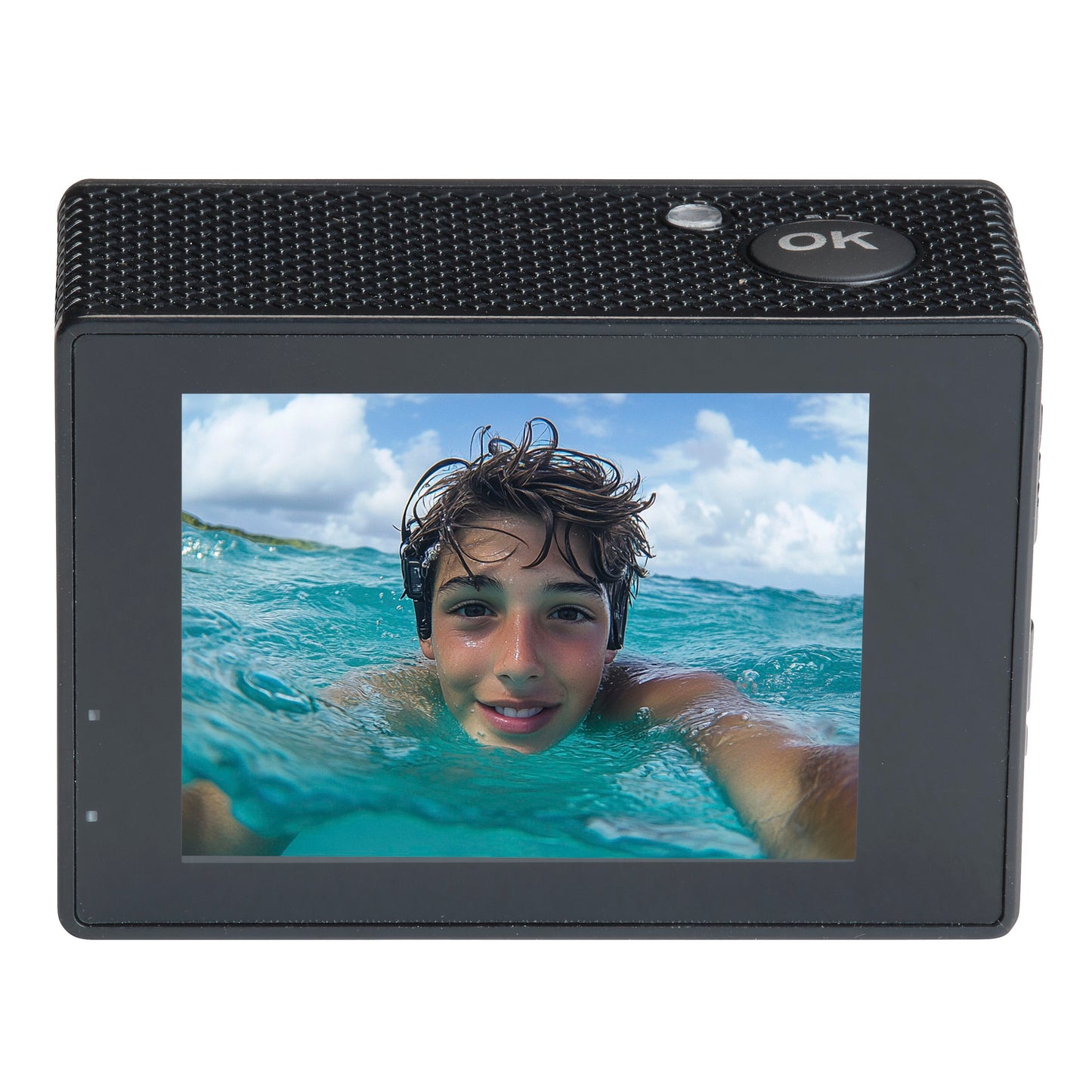Denver ACW-5054 actionkamera sort, skærm viser selfie i vand, tekstureret bagside, OK-knap, Full HD, wifi, vandtæt.