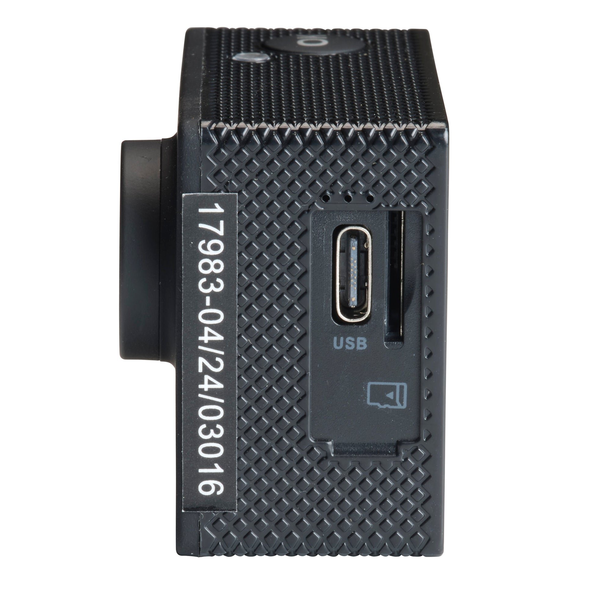 Denver ACW-5054 actionkamera sort, side med USB-port, microSD-kortslot og serienummerlabel, Full HD, wifi.