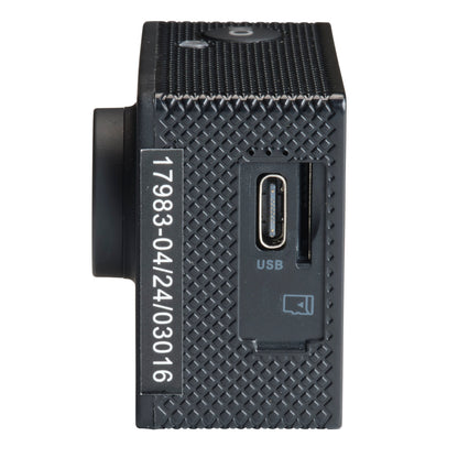 Denver ACW-5054 actionkamera sort, side med USB-port, microSD-kortslot og serienummerlabel, Full HD, wifi.