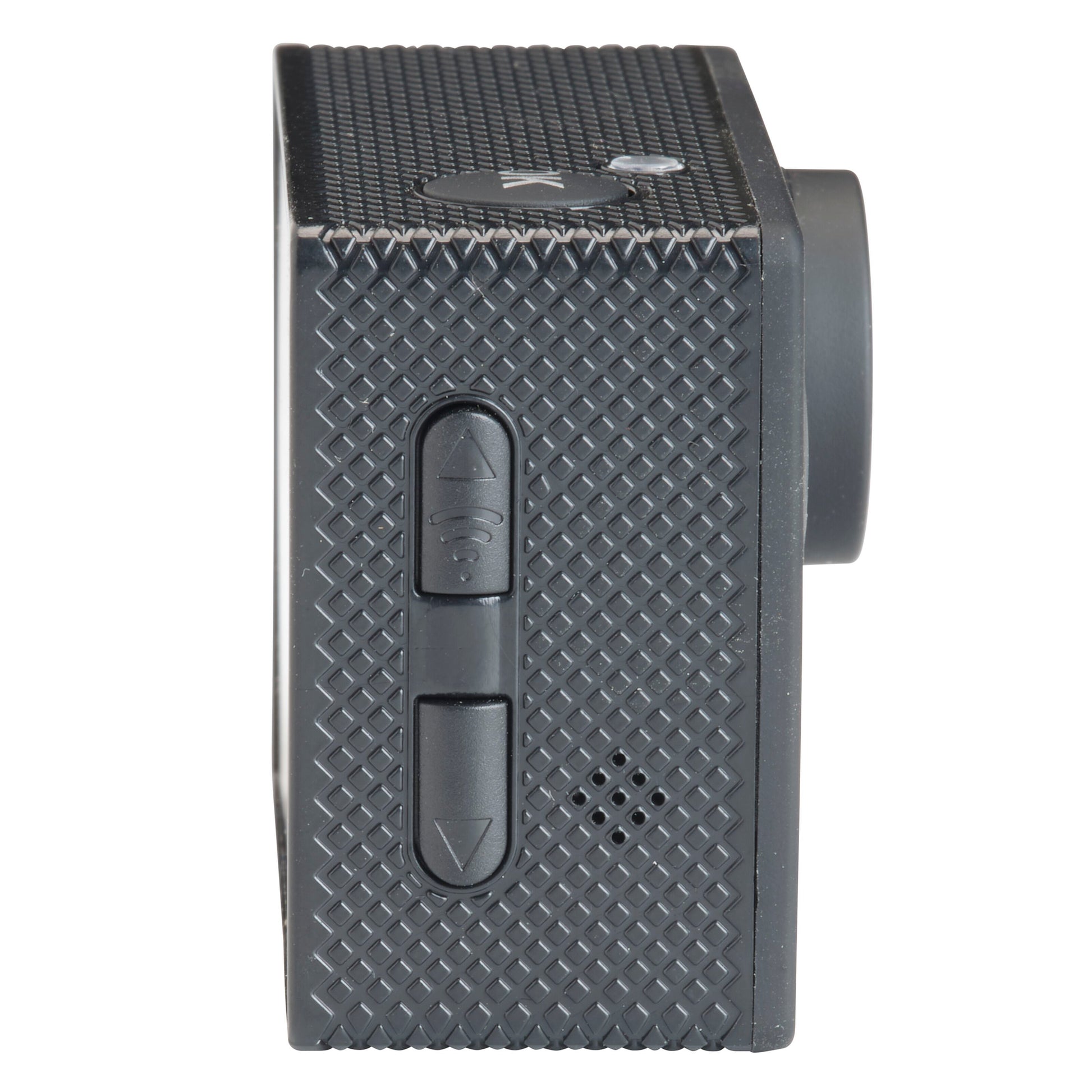 Denver ACW-5054 Actionkamera, sort greb, to knapper med Wi-Fi og pil ned, højttalergrill, fremtrædende Full HD-linse.