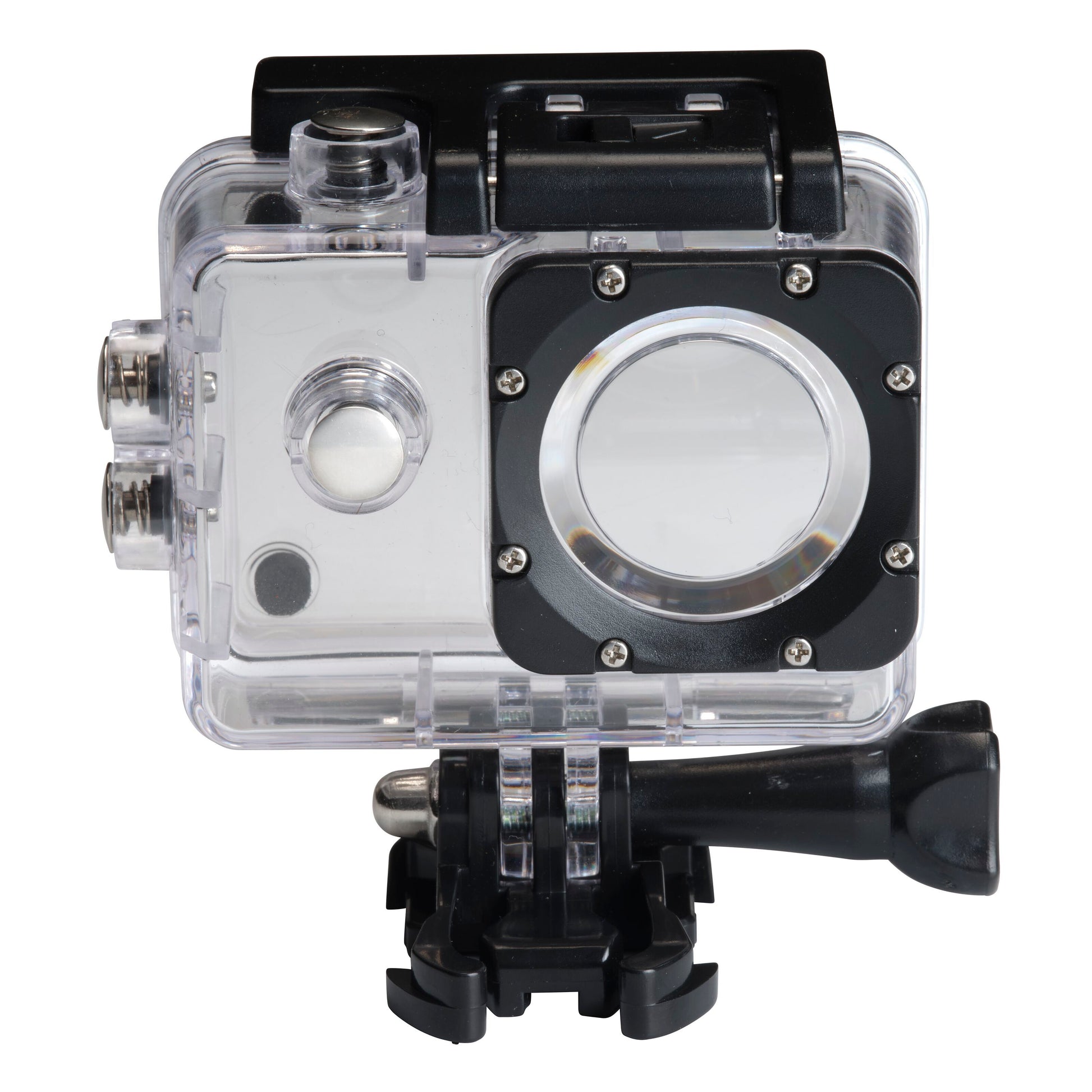 Denver ACW-5054 actionkamera Full HD wifi i vandtæt, transparent plastcase med sort bundmount og synlige knapper.