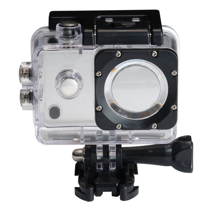 Denver ACW-5054 actionkamera Full HD wifi i vandtæt, transparent plastcase med sort bundmount og synlige knapper.