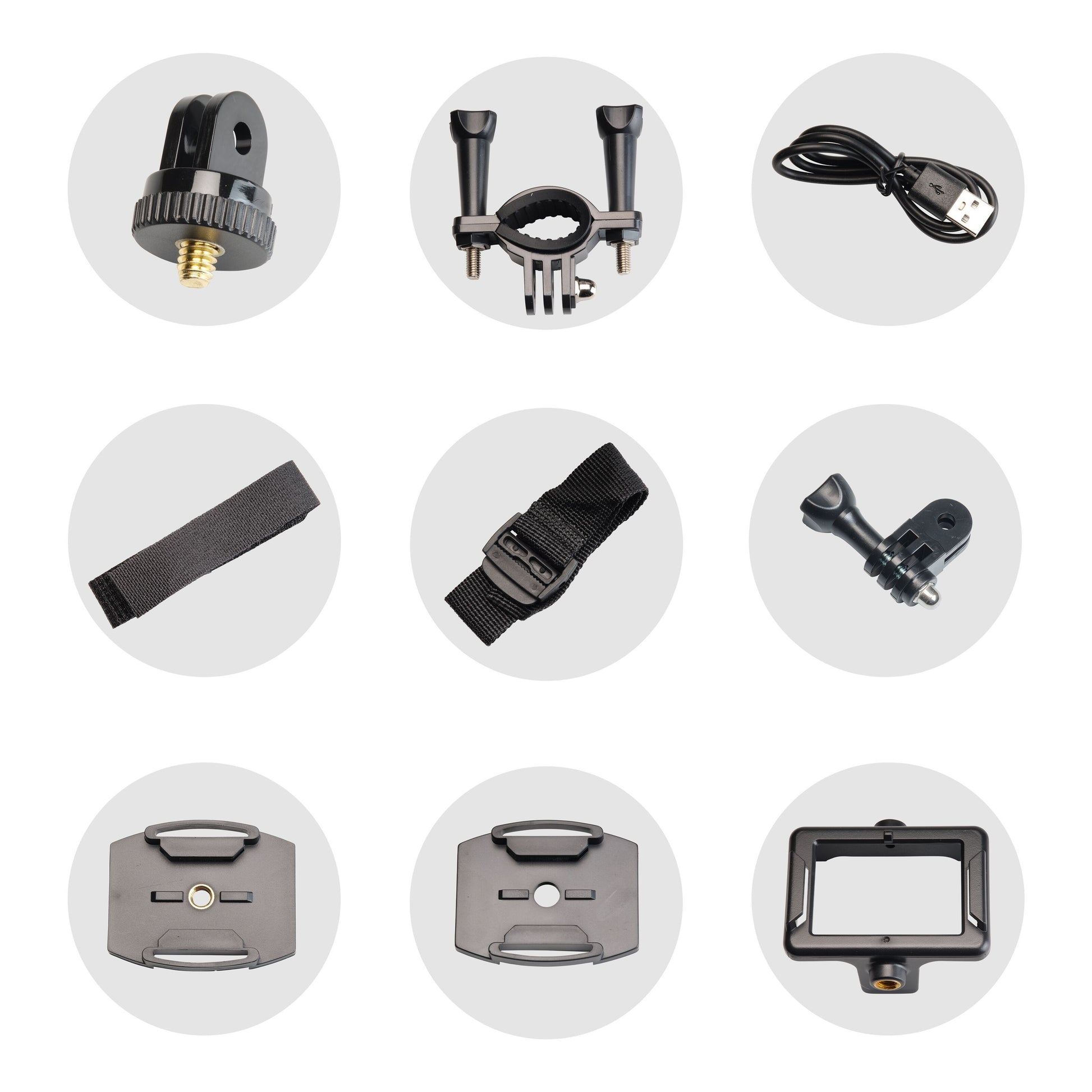 Denver ACW-5054 Actionkamera Full HD wifi tilbehørssæt med 9 dele, inkl. mounts, stropper, USB-kabel og stik.