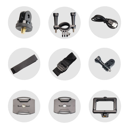 Denver ACW-5054 Actionkamera Full HD wifi tilbehørssæt med 9 dele, inkl. mounts, stropper, USB-kabel og stik.