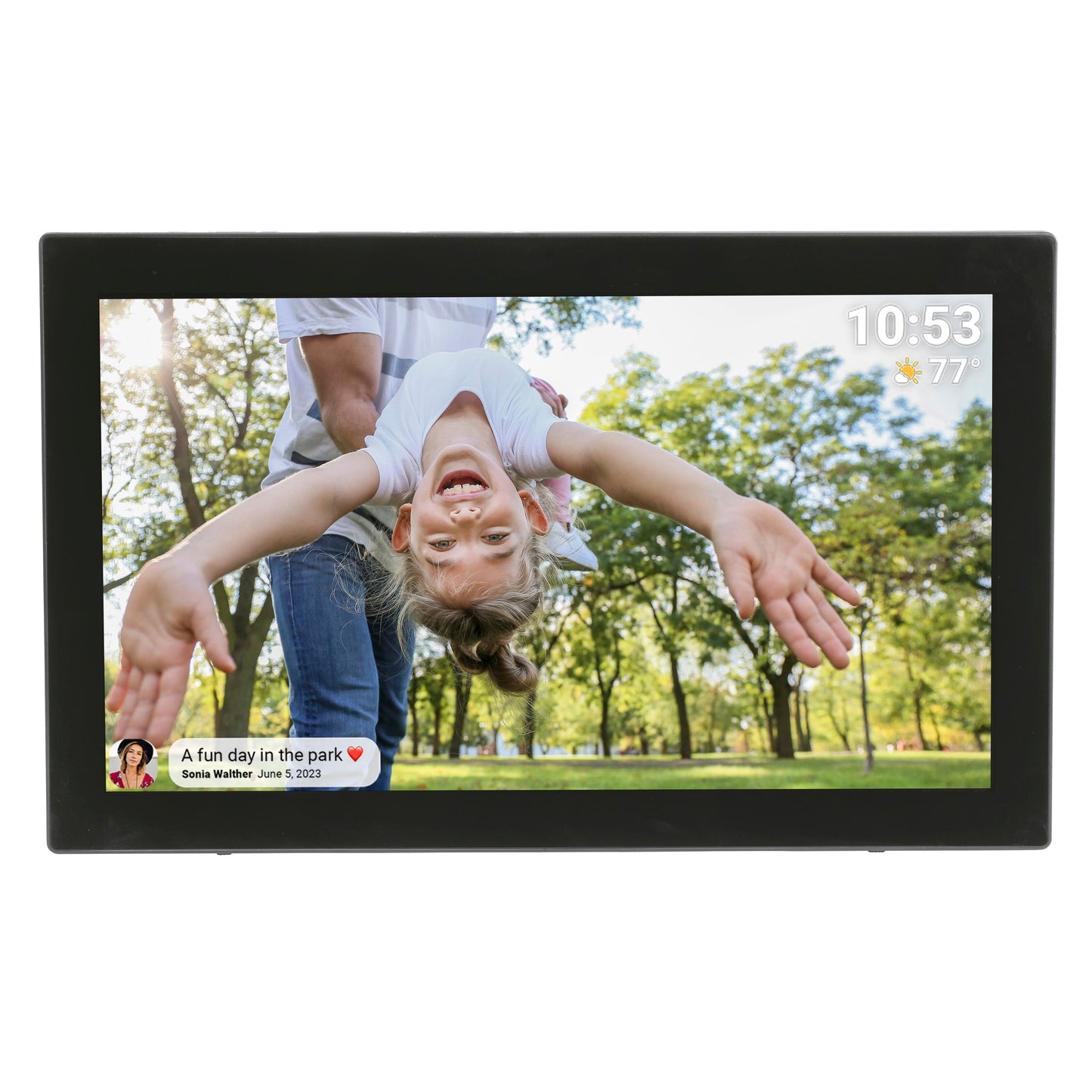 Denver Frameo digital billedramme 21,5" wifi, touchskærm viser billede og info: tid, vejr, teksten "En sjov dag i parken.