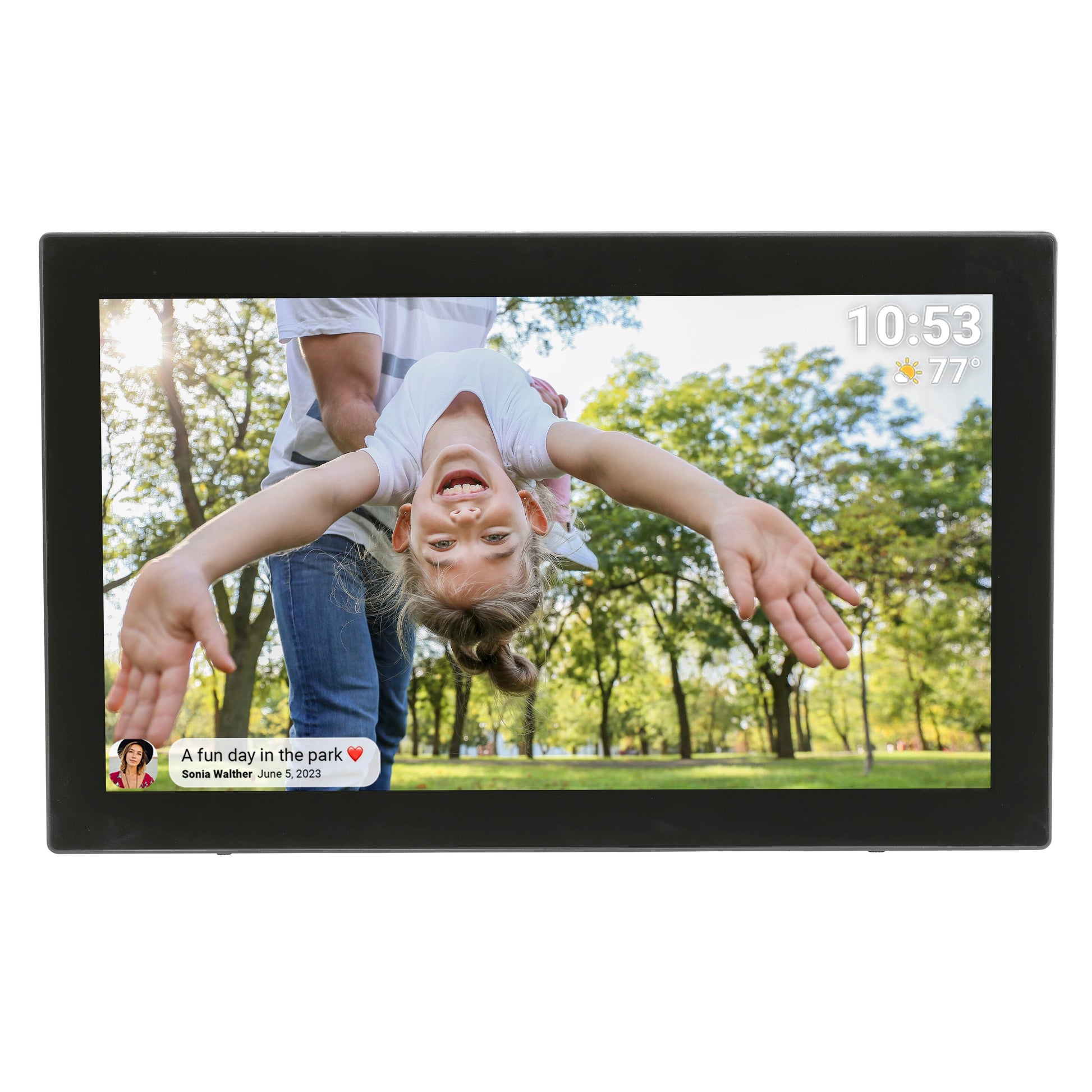 Denver Frameo digital billedramme 21,5" wifi, touchskærm viser billede og info: tid, vejr, teksten "En sjov dag i parken.