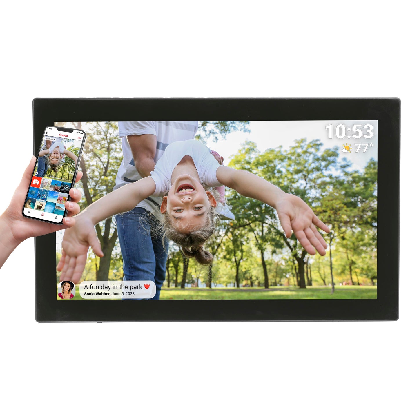 Denver Frameo digital billedramme 21,5" wifi sort viser foto med barn, smartphone viser trådløs deling og info som tid og vejr.
