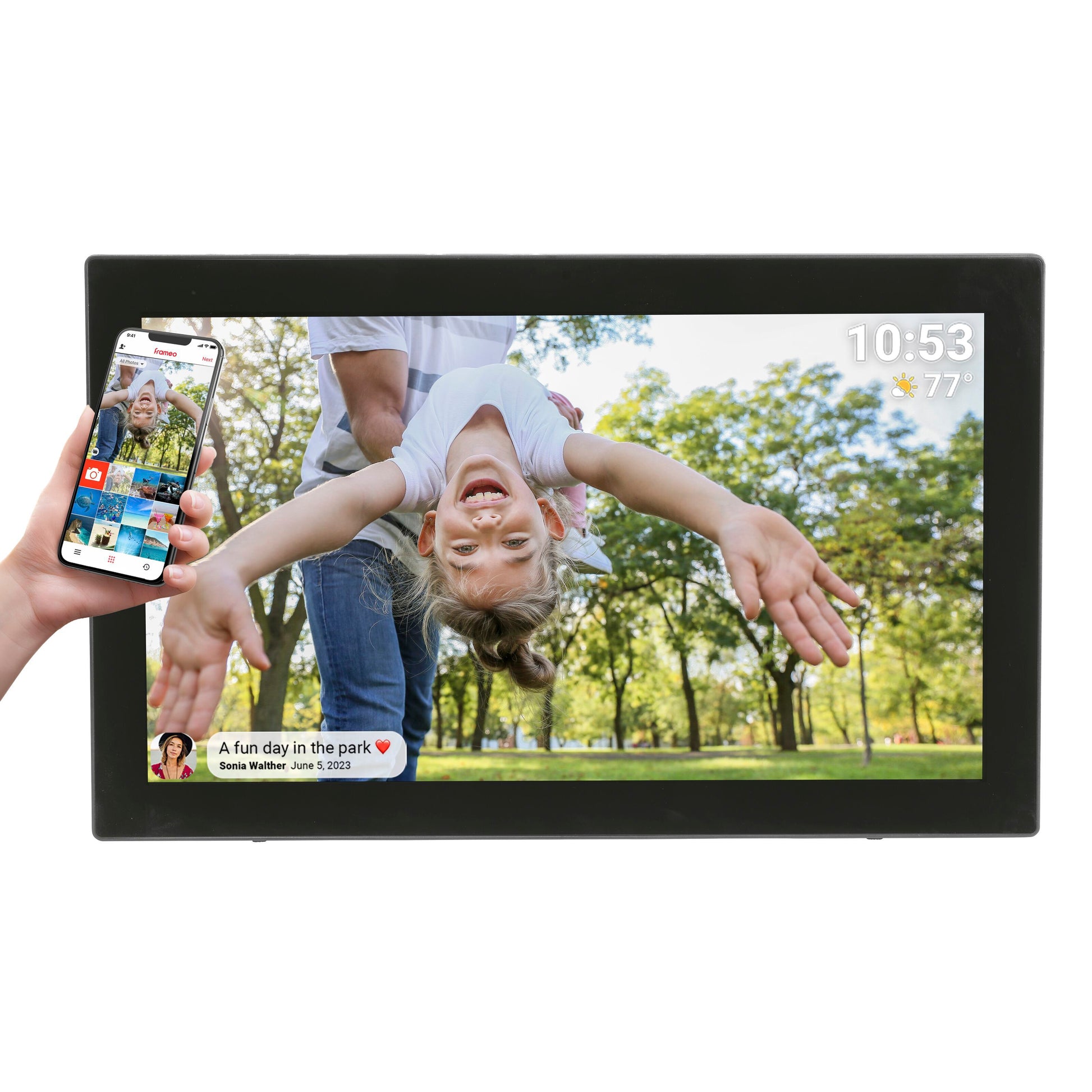 Denver Frameo digital billedramme 21,5" wifi sort viser foto med barn, smartphone viser trådløs deling og info som tid og vejr.