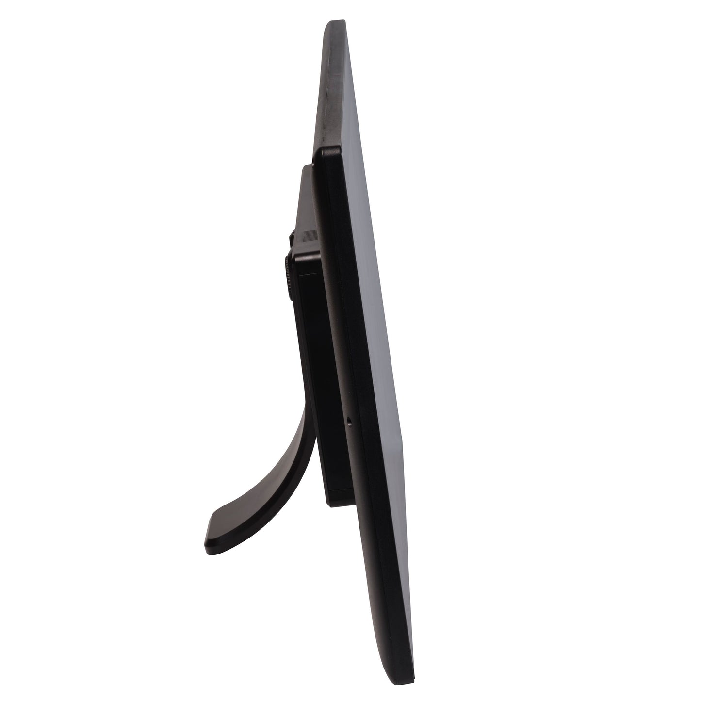 Denver Frameo digital billedramme 21,5" sort med wifi, set fra siden med slankt design, touchskærm og vinklet stander.