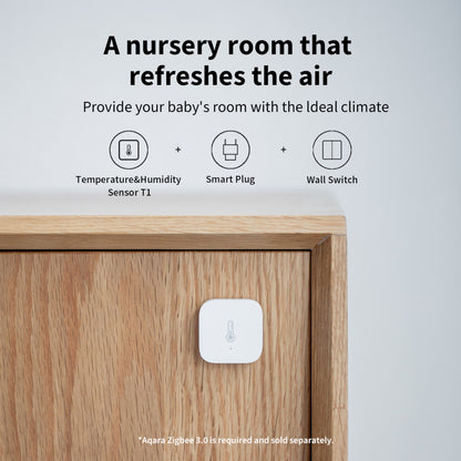 Aqara T1 termometer og hygrometer monteret på træ, info om opsætning med sensor, smart plug og vægkontakt vises.