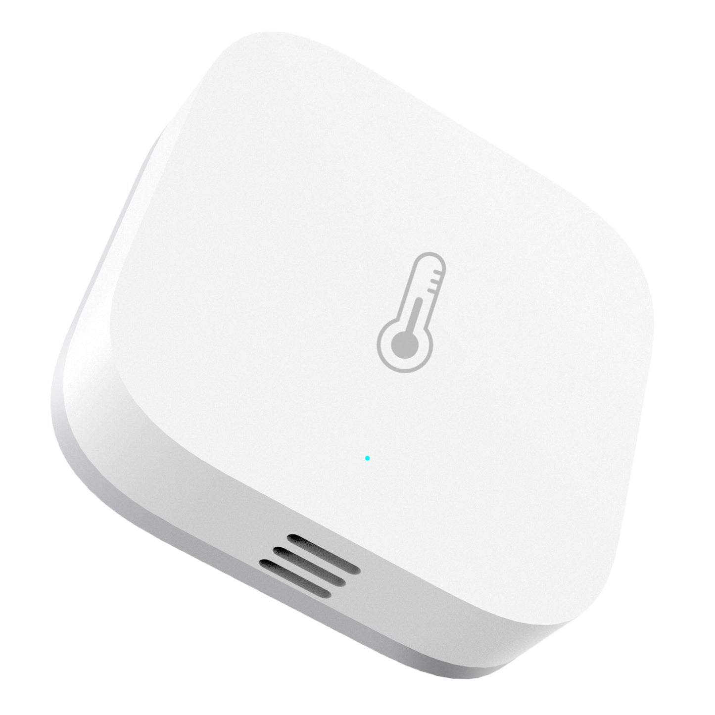 Aqara T1 termometer og hygrometer, lille rektangulær sensor med afrundede kanter, termometersymbol og sideventilation.