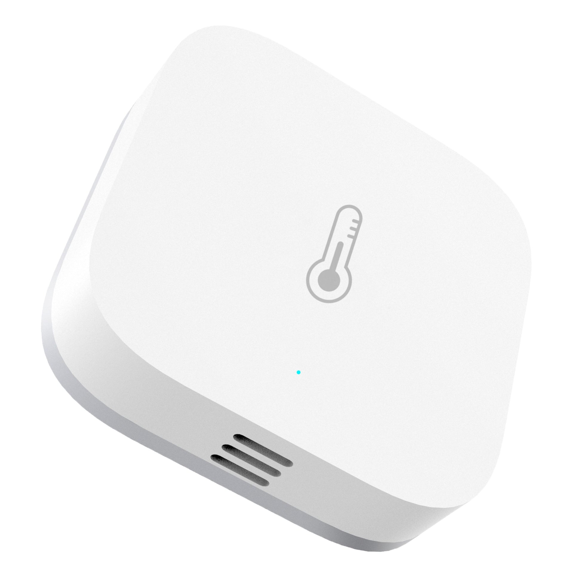Aqara T1 termometer og hygrometer, lille rektangulær sensor med afrundede kanter, termometersymbol og sideventilation.