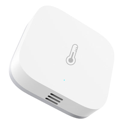 Aqara T1 termometer og hygrometer, lille rektangulær sensor med afrundede kanter, termometersymbol og sideventilation.