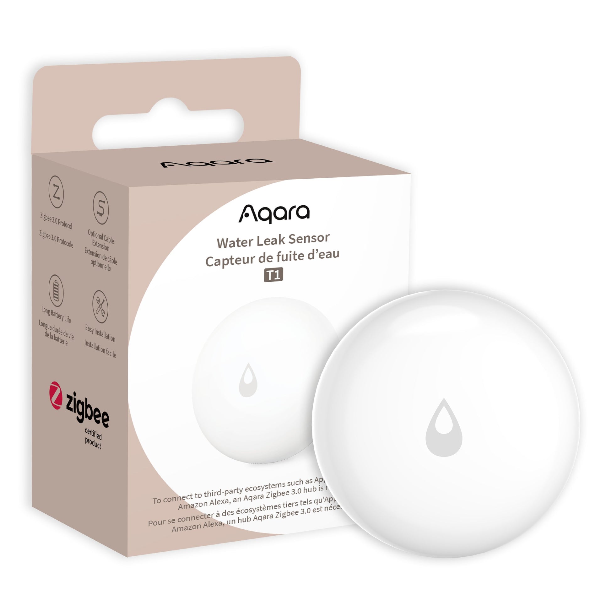 Aqara T1 lækagedetektor med vanddråbe-ikon foran æske med Aqara-logo, produktnavn og Zigbee-kompatibilitet.
