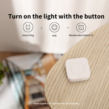 Aqara T1 Mini Trådløs Switch på bord, ikoner viser brug med hub og stik til lysstyring, Zigbee 3.0 hub kræves.