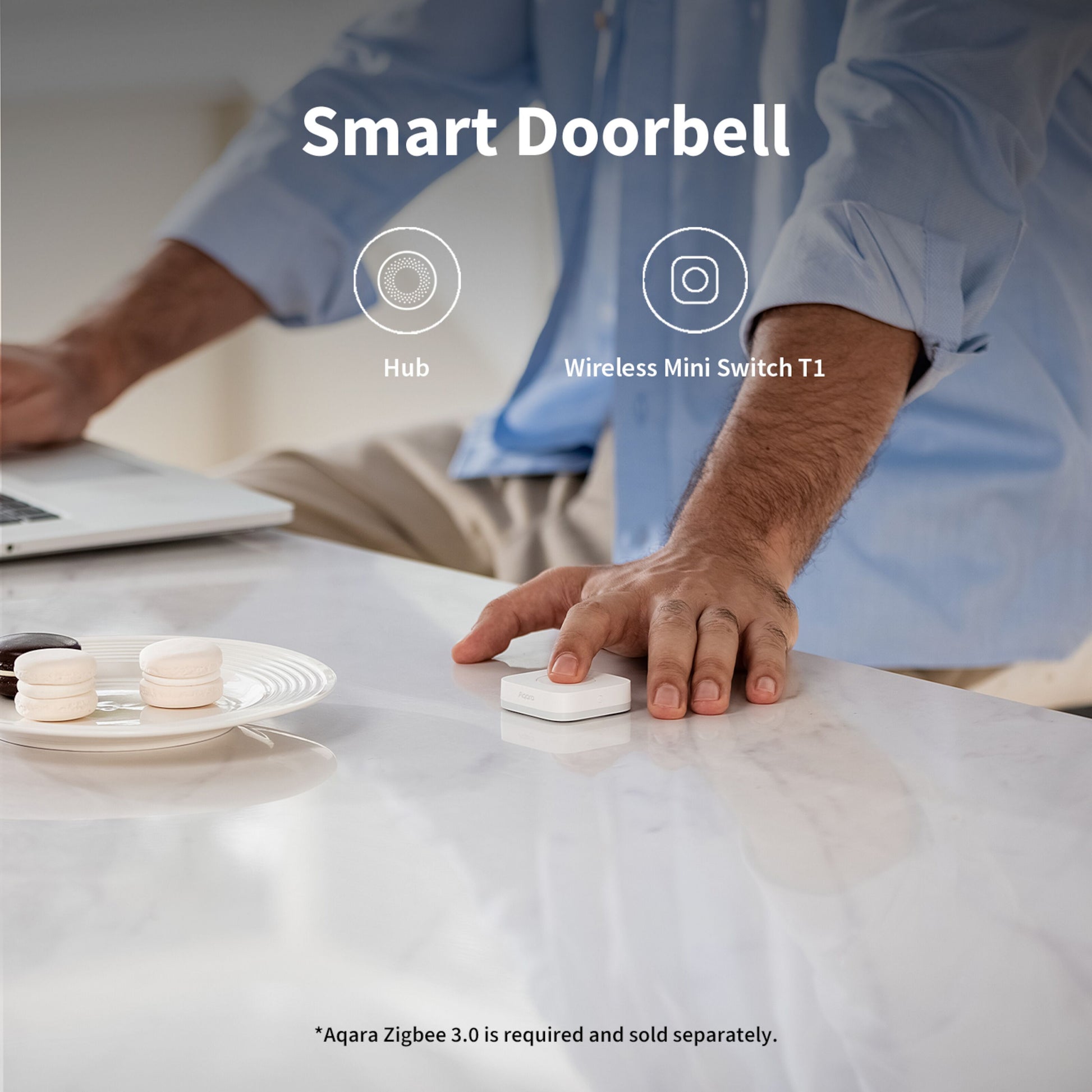 Aqara T1 Mini Trådløs Switch på marmorbord med Smart Doorbell-label, Hub- og Wireless Mini Switch T1-ikoner synlige.