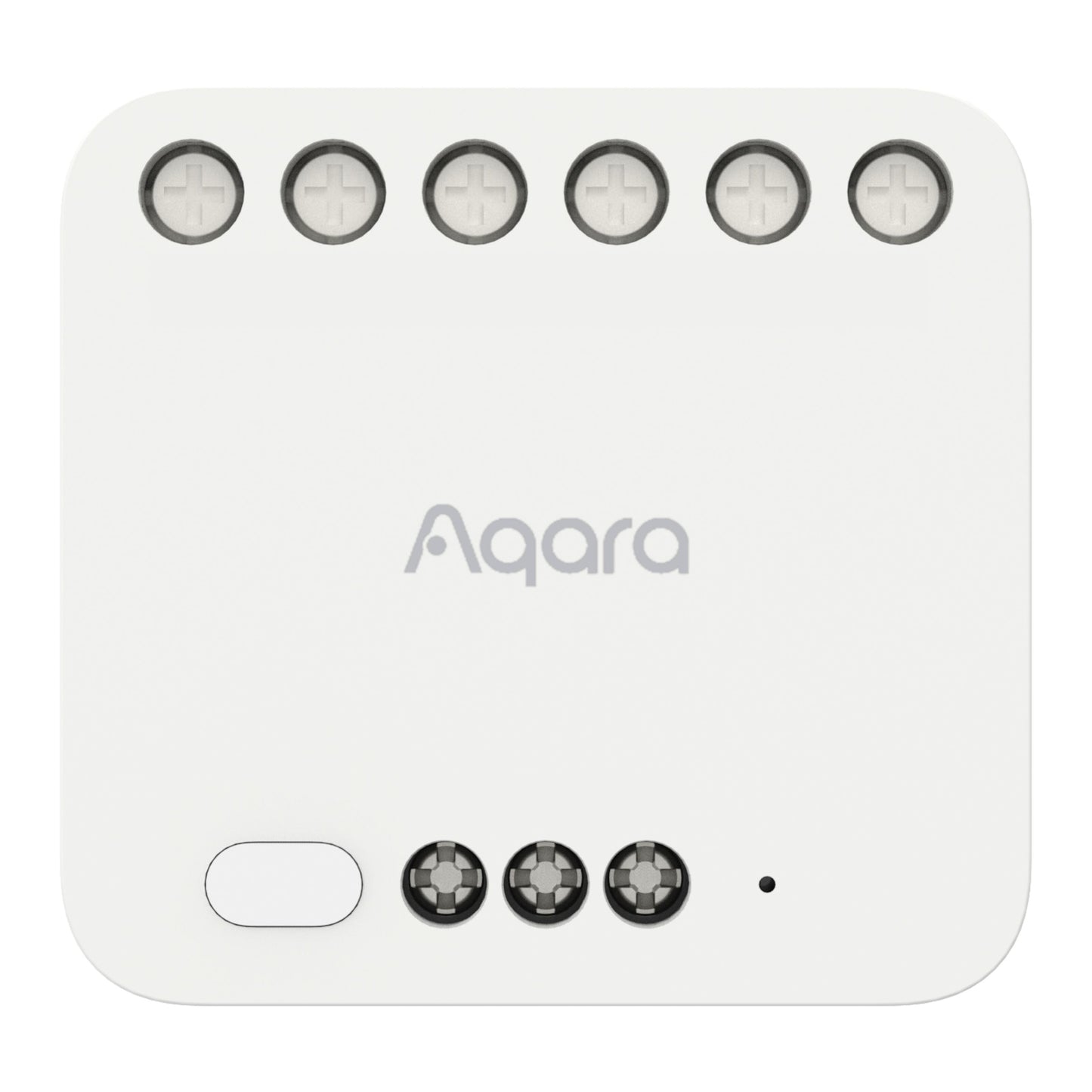 Aqara Dual Relay Module T2 Zigbee fjernbetjent strømafbryder med 7 terminalporte øverst, 4 nederst, knap og LED-indikator.