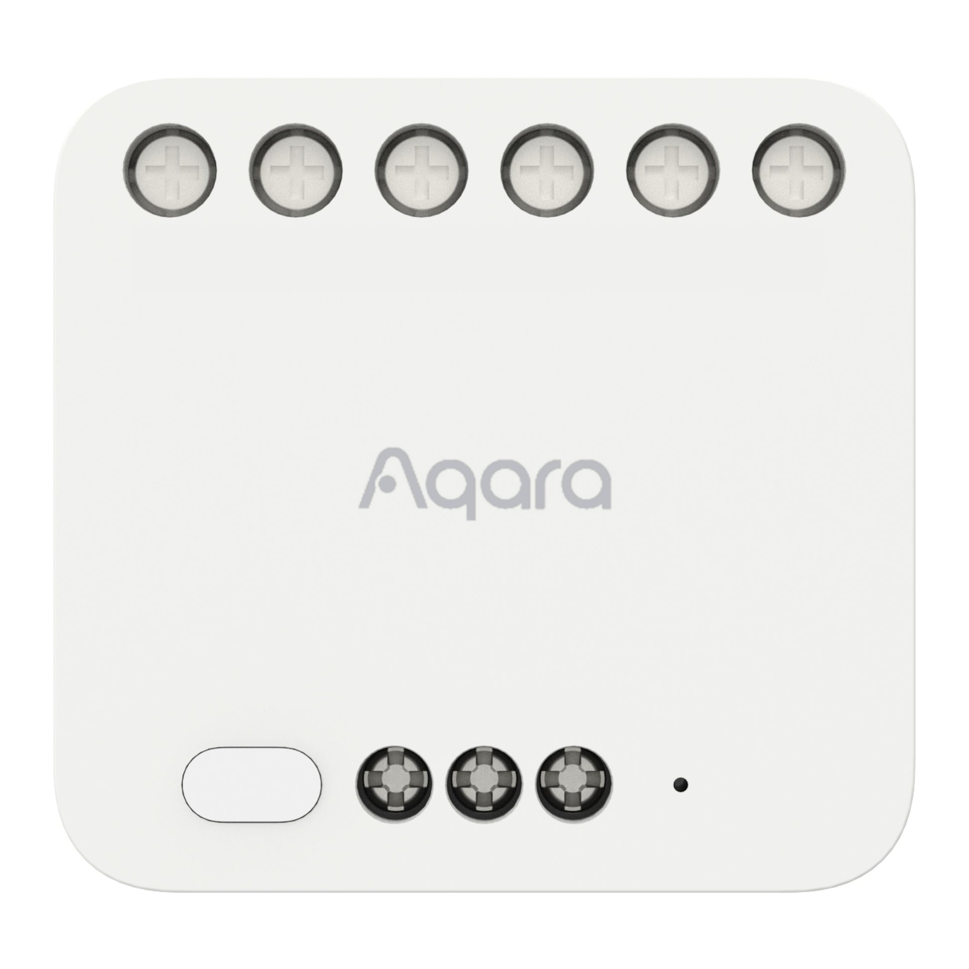 Aqara Dual Relay Module T2 Zigbee fjernbetjent strømafbryder med 7 terminalporte øverst, 4 nederst, knap og LED-indikator.