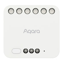 Aqara Dual Relay Module T2 Zigbee fjernbetjent strømafbryder med 7 terminalporte øverst, 4 nederst, knap og LED-indikator.