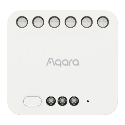 Aqara Dual Relay Module T2 Zigbee fjernbetjent strømafbryder med 7 terminalporte øverst, 4 nederst, knap og LED-indikator.