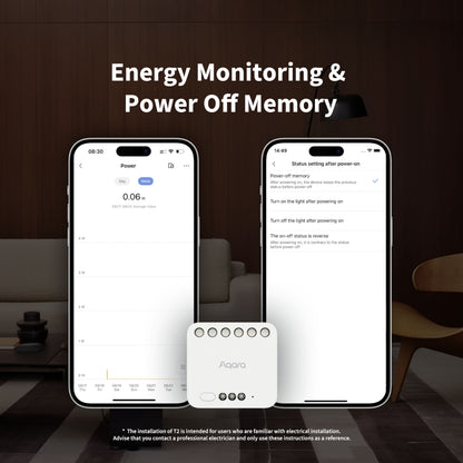Aqara Dual Relay Module T2 Zigbee-fjernbetjent strømafbryder på bord, til smartphones med energiovervågnings-apps.