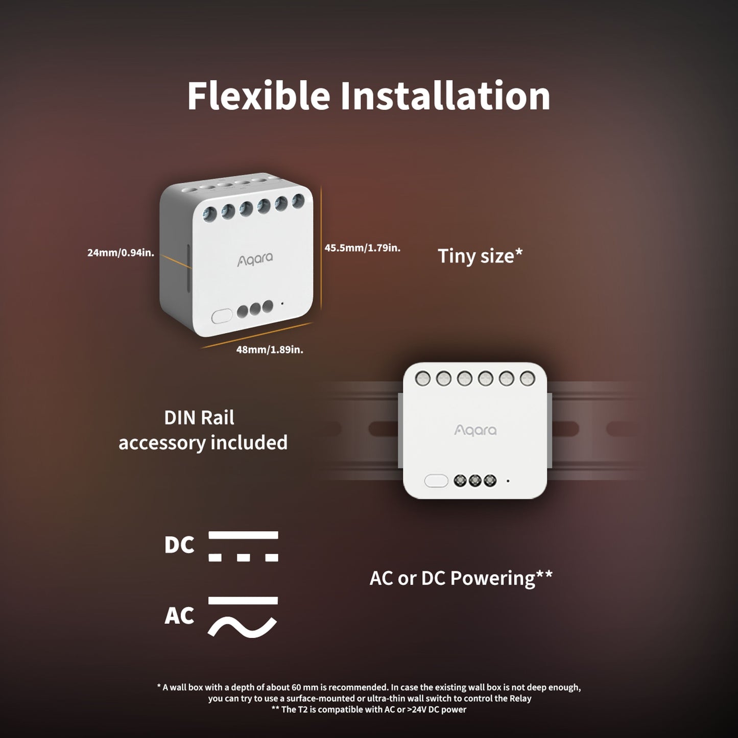 Aqara Dual Relay Module T2 Zigbee, kompakt 24x48x45,5 mm, DIN-skinne-monterbar, DC/AC kompatibel.