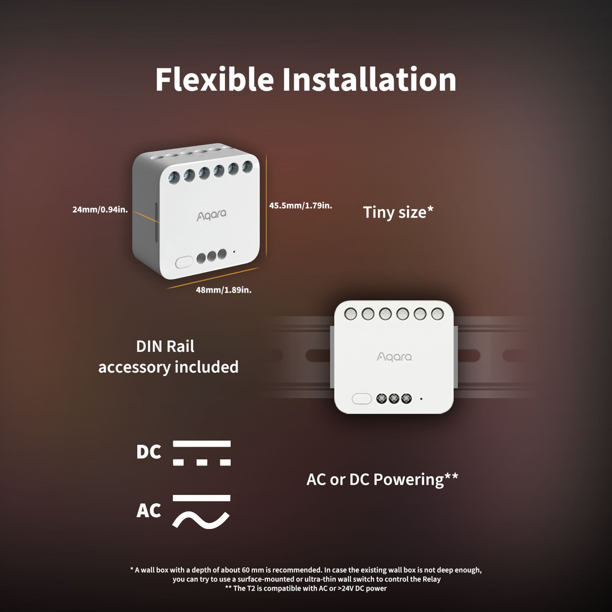 Aqara Dual Relay Module T2 Zigbee, kompakt 24x48x45,5 mm, DIN-skinne-monterbar, DC/AC kompatibel.