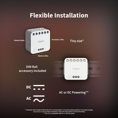 Aqara Dual Relay Module T2 Zigbee, kompakt 24x48x45,5 mm, DIN-skinne-monterbar, DC/AC kompatibel.