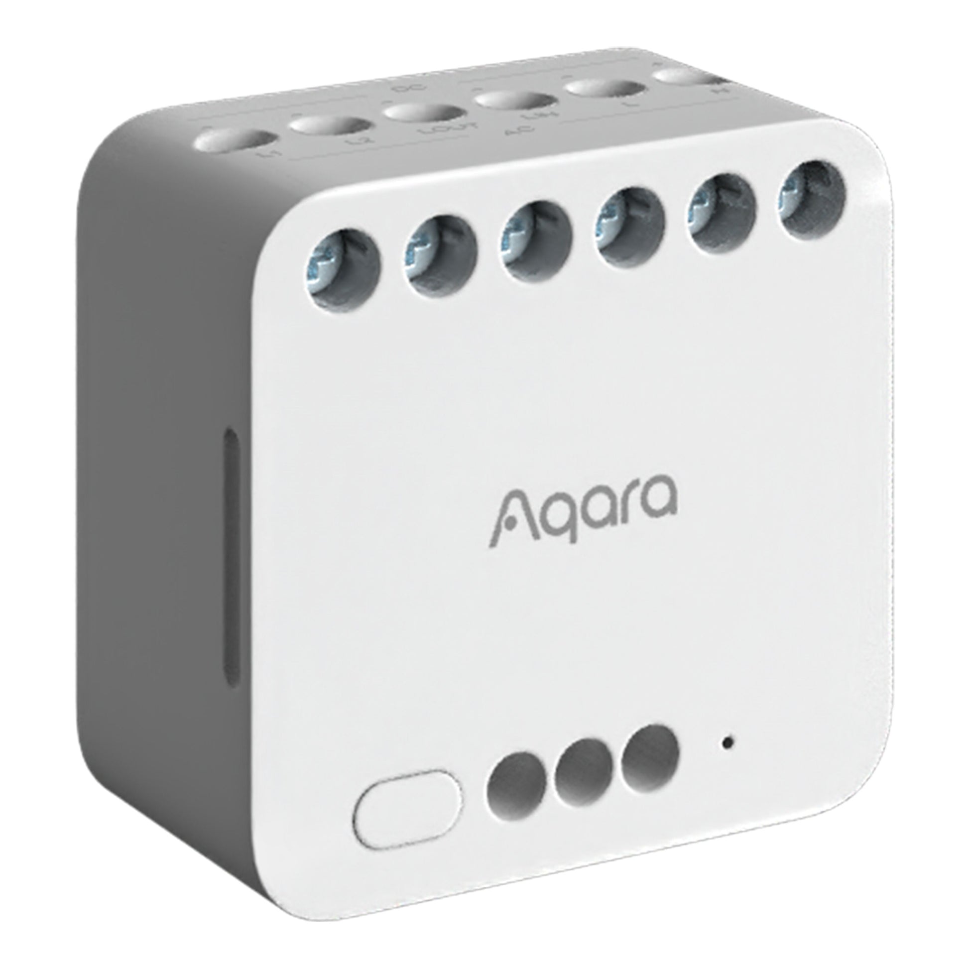 Aqara Dual Relay Module T2 Zigbee, rektangulær med afrundede kanter, topklemmer, tre frontknapper og indikatorlys.