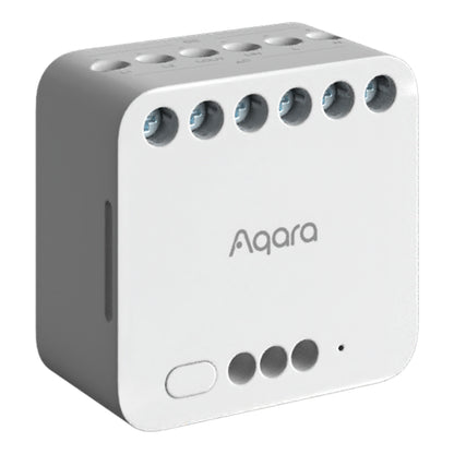 Aqara Dual Relay Module T2 Zigbee, rektangulær med afrundede kanter, topklemmer, tre frontknapper og indikatorlys.