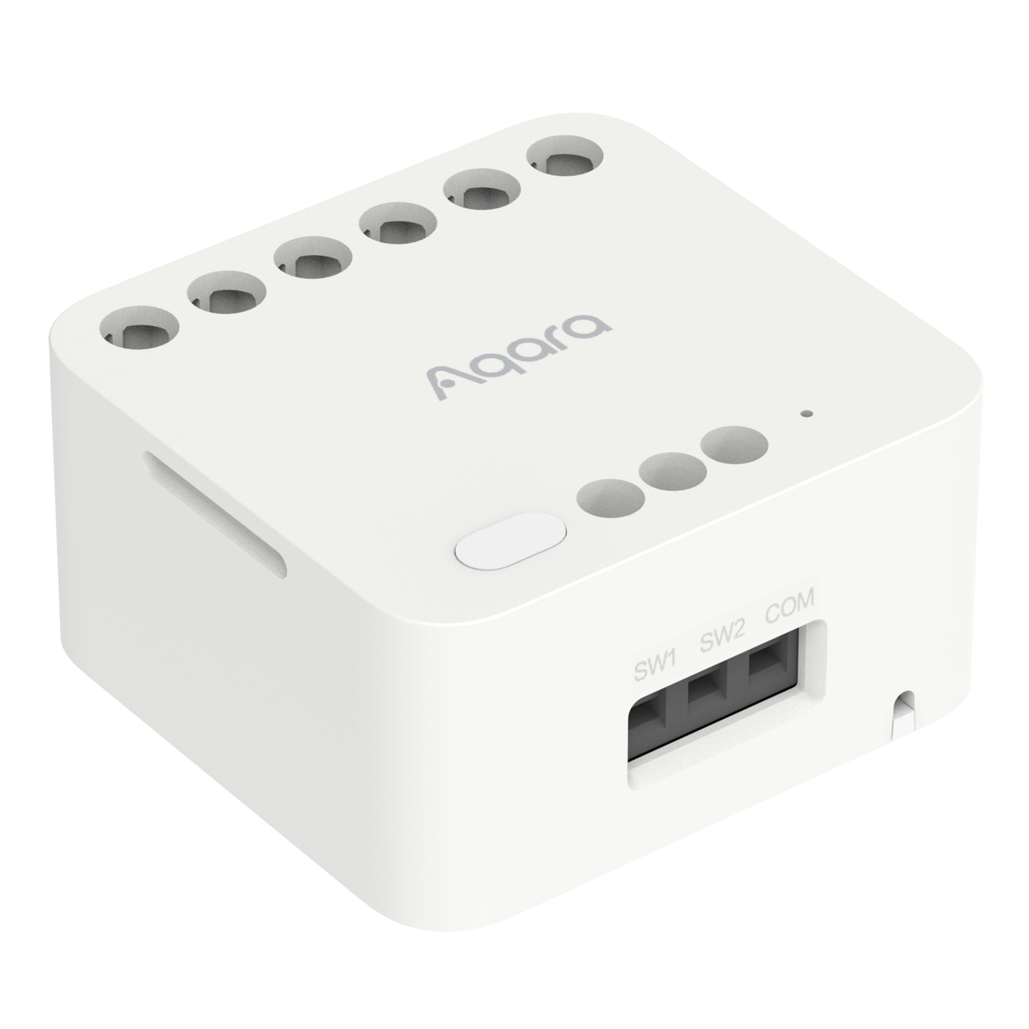 Aqara Dual Relay Module T2 Zigbee strømafbryder med huller øverst, knap og sideporte SW1, SW2, COM.