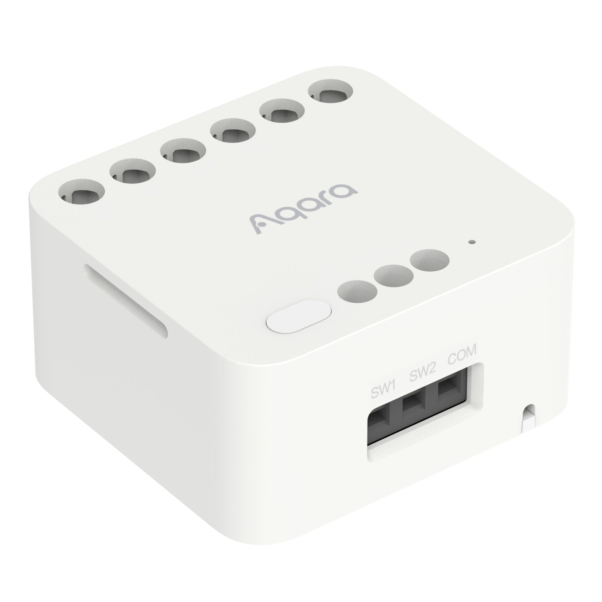 Aqara Dual Relay Module T2 Zigbee strømafbryder med huller øverst, knap og sideporte SW1, SW2, COM.