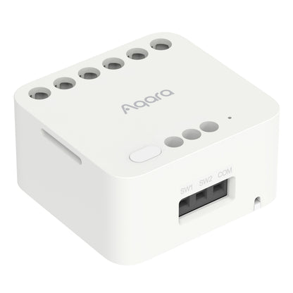 Aqara Dual Relay Module T2 Zigbee strømafbryder med huller øverst, knap og sideporte SW1, SW2, COM.