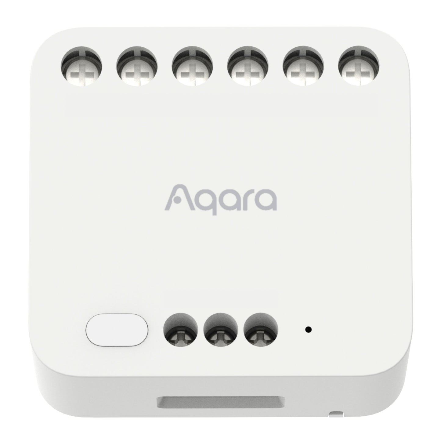 Aqara Dual Relay Module T2 Zigbee fjernbetjent strømafbryder med 6 top- og 3 bundskrueterminaler, rund knap, lysindikator, Aqara-logo.