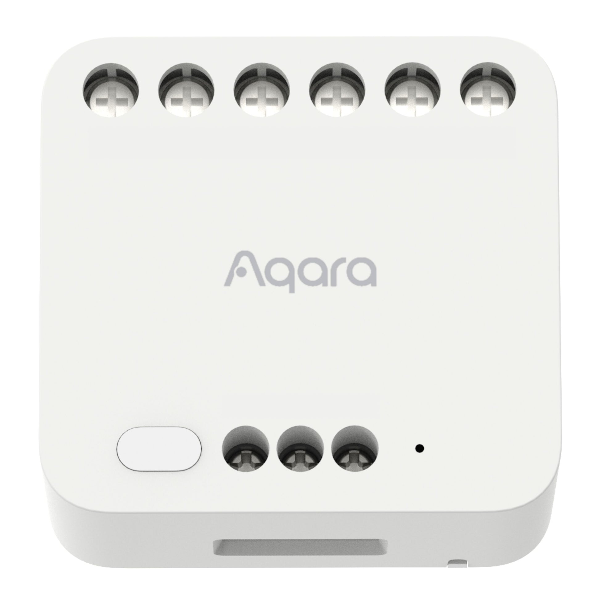 Aqara Dual Relay Module T2 Zigbee fjernbetjent strømafbryder med 6 top- og 3 bundskrueterminaler, rund knap, lysindikator, Aqara-logo.