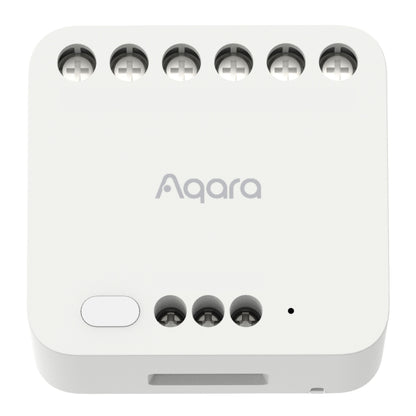 Aqara Dual Relay Module T2 Zigbee fjernbetjent strømafbryder med 6 top- og 3 bundskrueterminaler, rund knap, lysindikator, Aqara-logo.