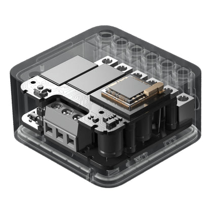Aqara Dual Relay Module T2 Zigbee strømafbrydere med transparent, firkantet kabinet og synlige printplader og mikrochips.