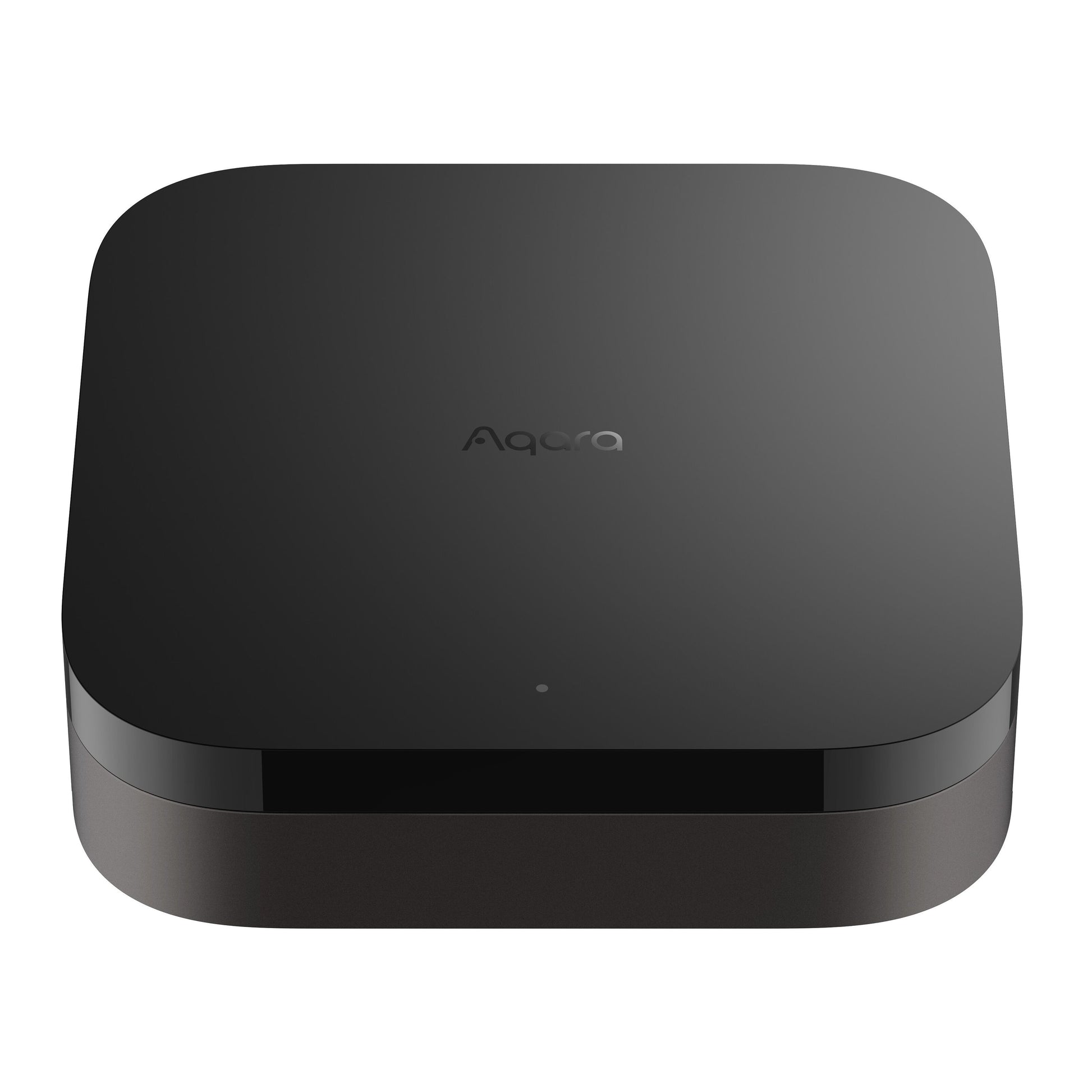 Aqara Hub M3 smart home controller i sort med afrundede kanter, Aqara-logo på toppen, LED-indikator, Zigbee Matter-understøttelse.