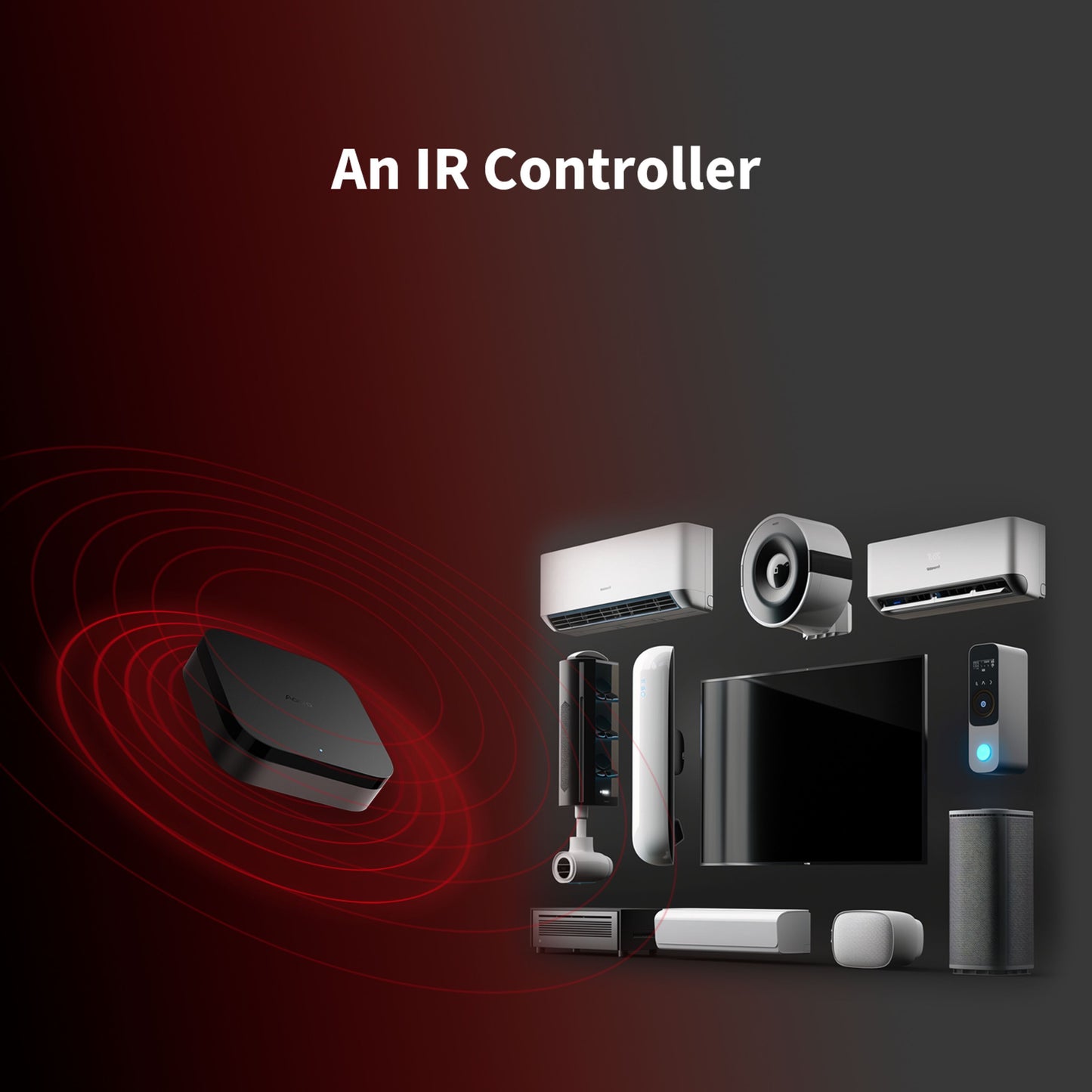 Aqara Hub M3 smart home controller sort med IR-funktion, røde signalbølger, omgivet af aircondition, TV, ventilator og højttalere.