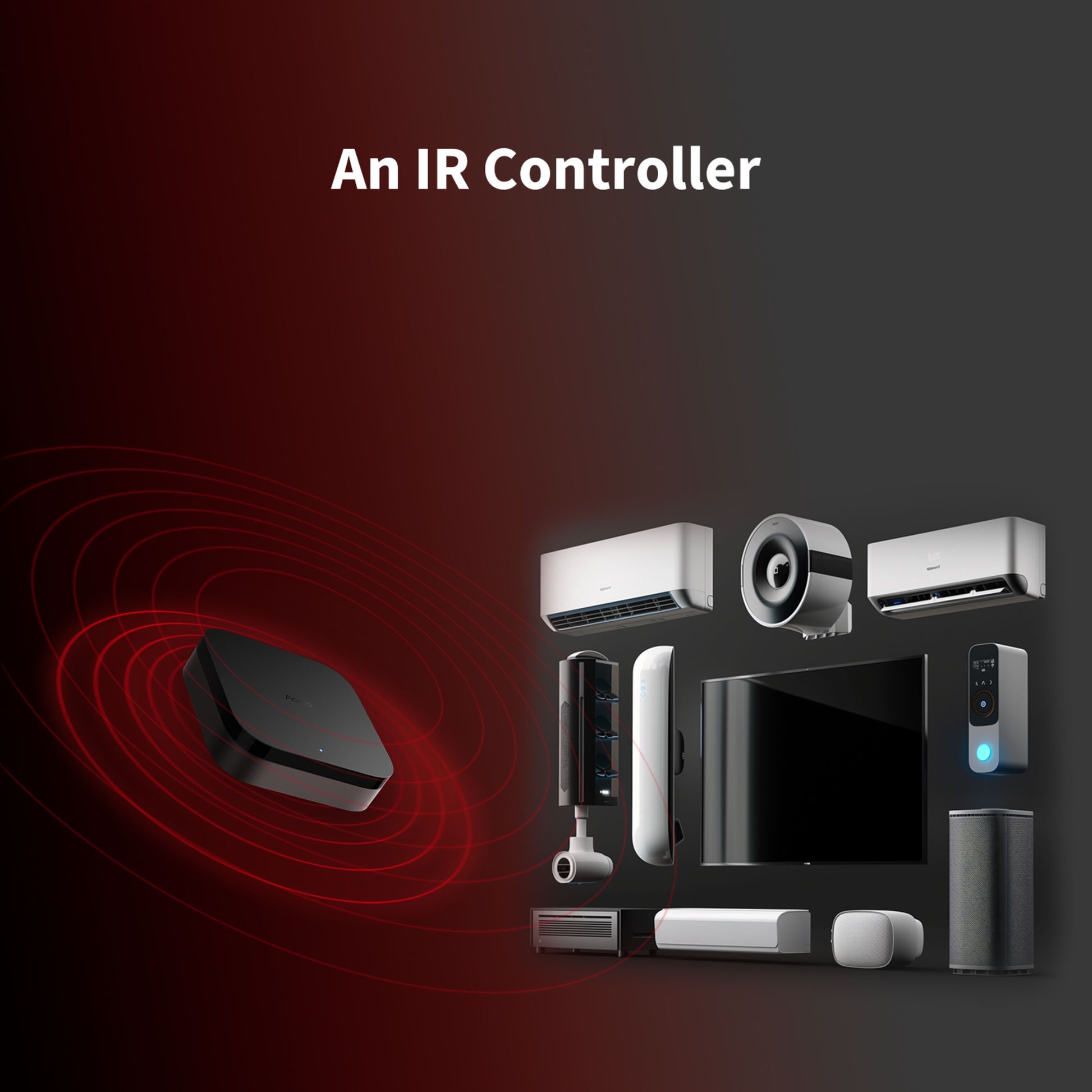 Aqara Hub M3 smart home controller sort med IR-funktion, røde signalbølger, omgivet af aircondition, TV, ventilator og højttalere.