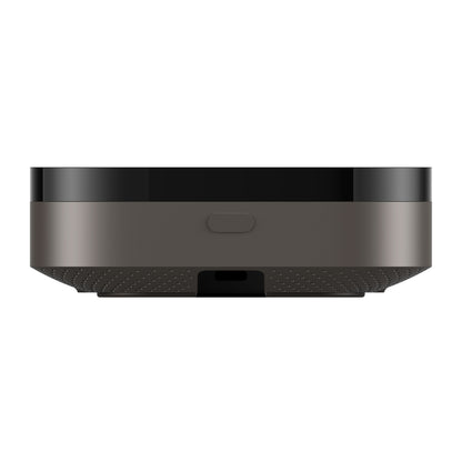 Aqara Hub M3 Smart Home Controller, rund sort/mørkegrå, knap og port nederst, Zigbee og Matter kompatibel.
