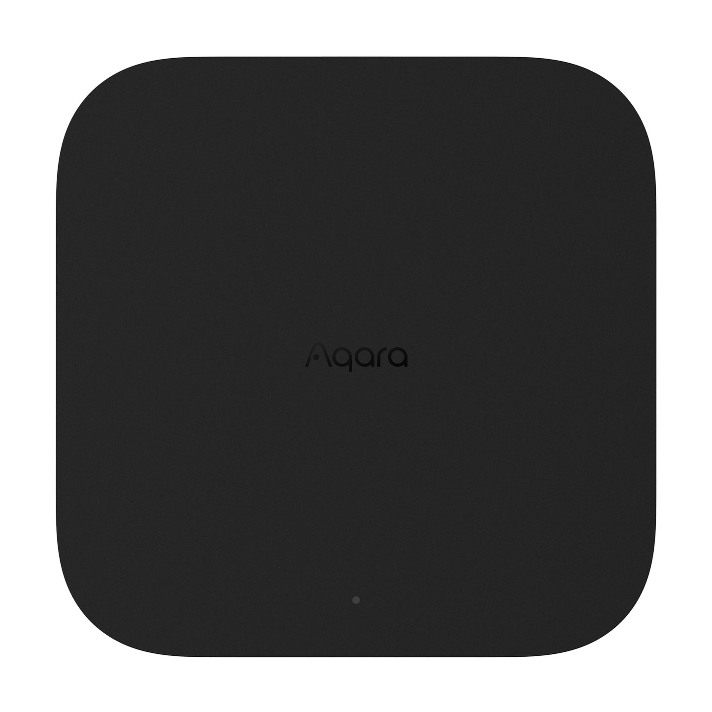 Aqara Hub M3 smart home controller i sort med afrundede hjørner, Aqara-logo, Zigbee og Matter support, LED-indikator nederst.