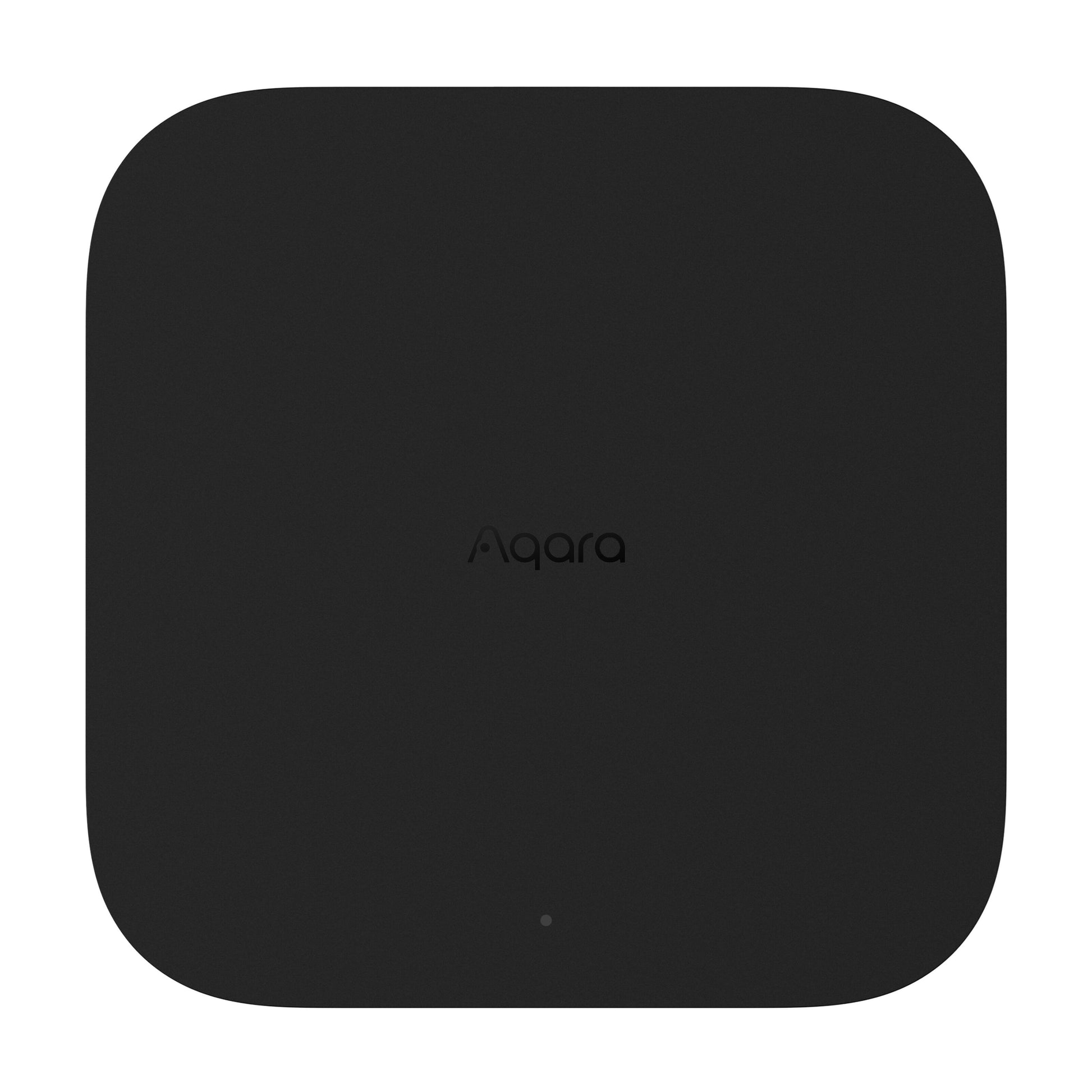 Aqara Hub M3 smart home controller i sort med afrundede hjørner, Aqara-logo, Zigbee og Matter support, LED-indikator nederst.