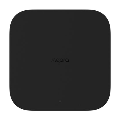 Aqara Hub M3 smart home controller i sort med afrundede hjørner, Aqara-logo, Zigbee og Matter support, LED-indikator nederst.