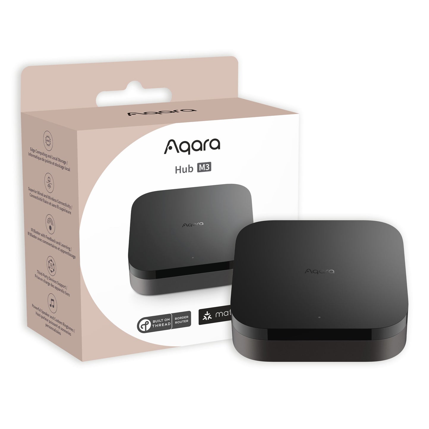 Aqara Hub M3 smart home controller sort, foran beige/hvid æske med Aqara-logo, Zigbee- og Matter-kompatibilitet.