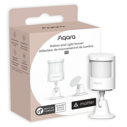 Aqara AS5 bevægelses- og lyssensor ved siden af æske med "Built on Thread", "Requires Border Router" og Matter-logo.