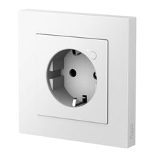 Aqara Vægudtag H2 smart vægudtag, firkantet europæisk model, med sidevisning af energiovervågning og Aqara-logo.