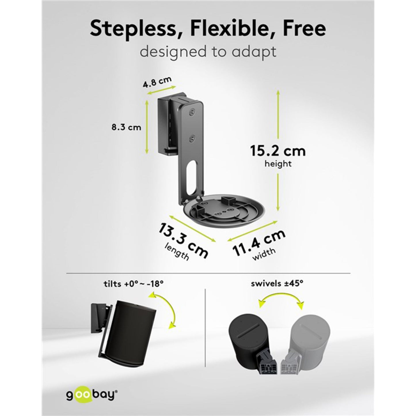 Sonos Arc 100 højttalerbeslag, sort, 2-pak, mål: 8,3x4,8x15,2x13,3x11,4 cm, hældning 0°-18°, drejelig ±45°.