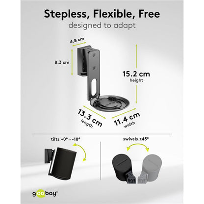Sonos Arc 100 højttalerbeslag, sort, 2-pak, mål: 8,3x4,8x15,2x13,3x11,4 cm, hældning 0°-18°, drejelig ±45°.